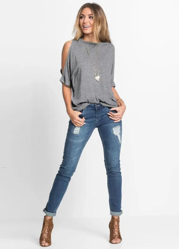 bonprix - Blusa com Ombros Vazados Cinza Mescla 2