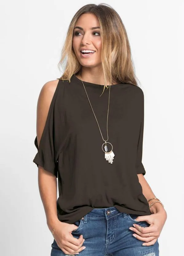 bonprix - Blusa com Ombros Vazados Preta