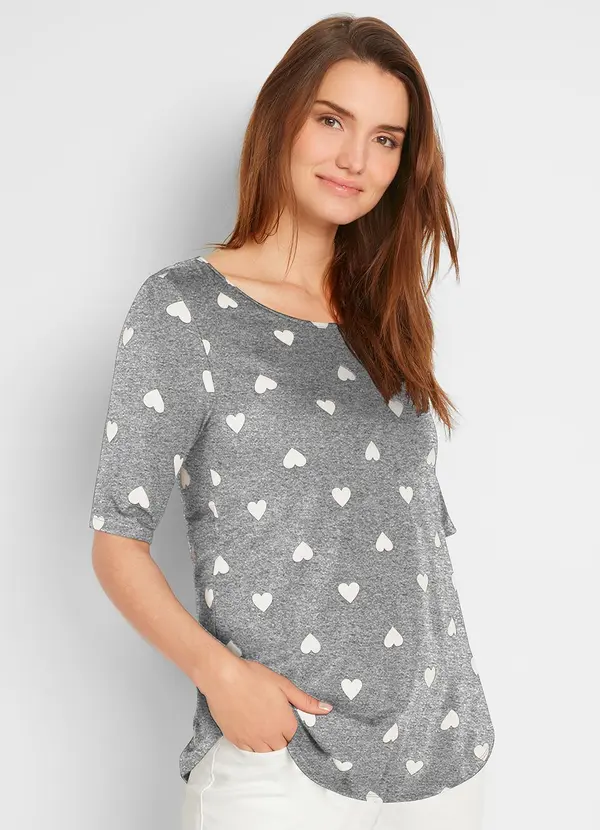 bonprix - Blusa Corações Mescla/Branco em Malha