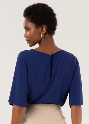Lunender - Blusa Cropped com Mangas 3/4 e Decote em V Azul - LUNENDER