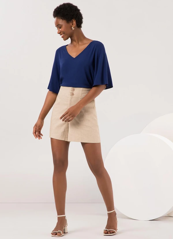 Lunender - Blusa Cropped com Mangas 3/4 e Decote em V Azul 3