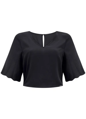 Lunender - Blusa Cropped com Mangas 3/4 e Decote em V Preto - LUNENDER