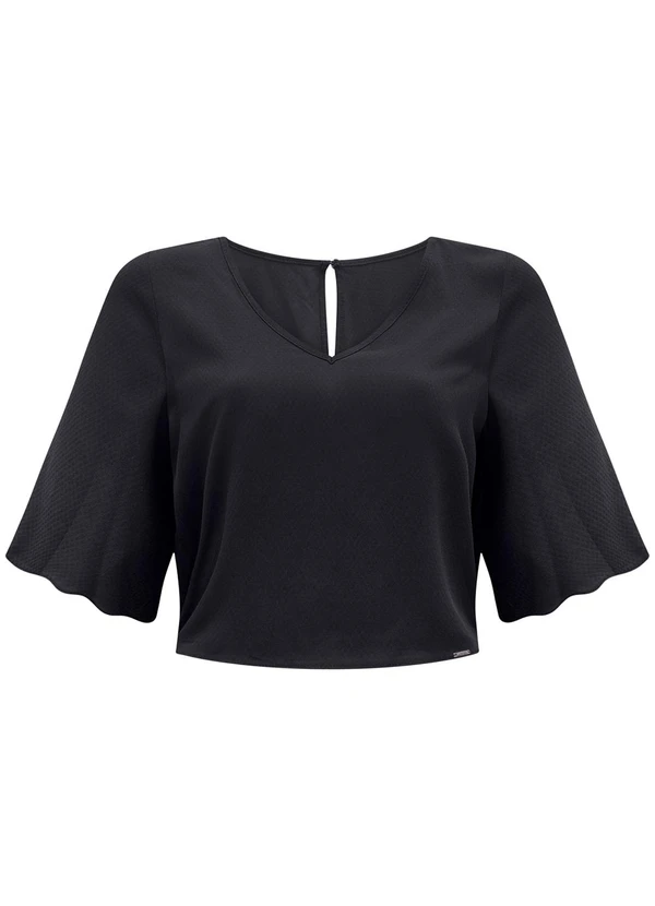 Lunender - Blusa Cropped com Mangas 3/4 e Decote em V Preto