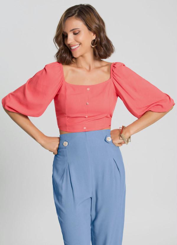 Lunender - Blusa Cropped Manga 3/4 Bufante Salmão