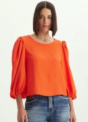Lança Perfume - Blusa de Crepe Manga Curta 7/8 Laranja - LANÇA PERFUME
