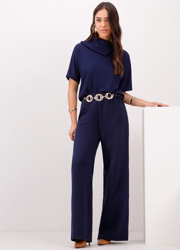 Lunender - Blusa de Mangas 3/4 com Gola Alta em Malha Azul 3