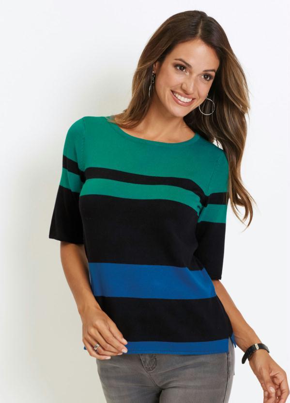 bonprix - Blusa de Tricô com Fenda Listrada Verde e Azul