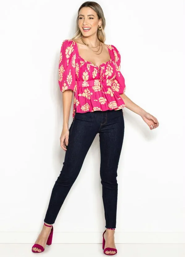 Maria Filó - Blusa de Viscose Estampa Pingo Hibisco Rosa 3