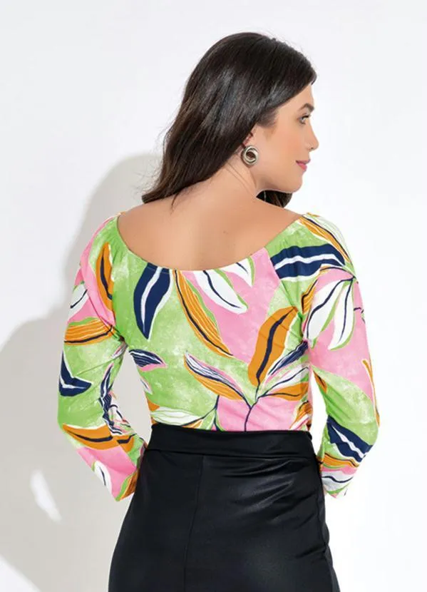 Queima Estoque - Blusa Decote Redondo Folhagem Rosa 2