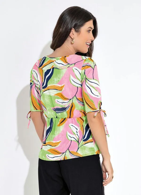 Queima Estoque - Blusa Decote V com Babado Folhagem Rosa 2