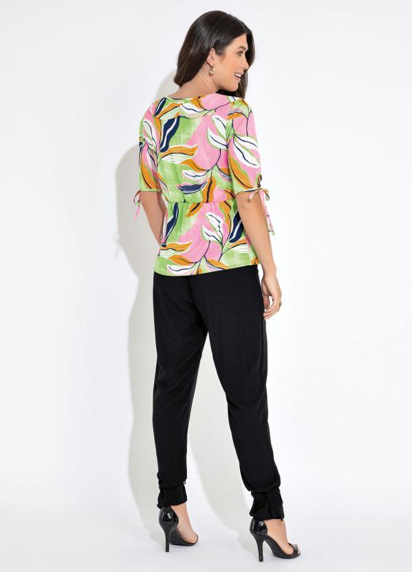 Outlet - Blusa Decote V com Babado Folhagem Rosa 4