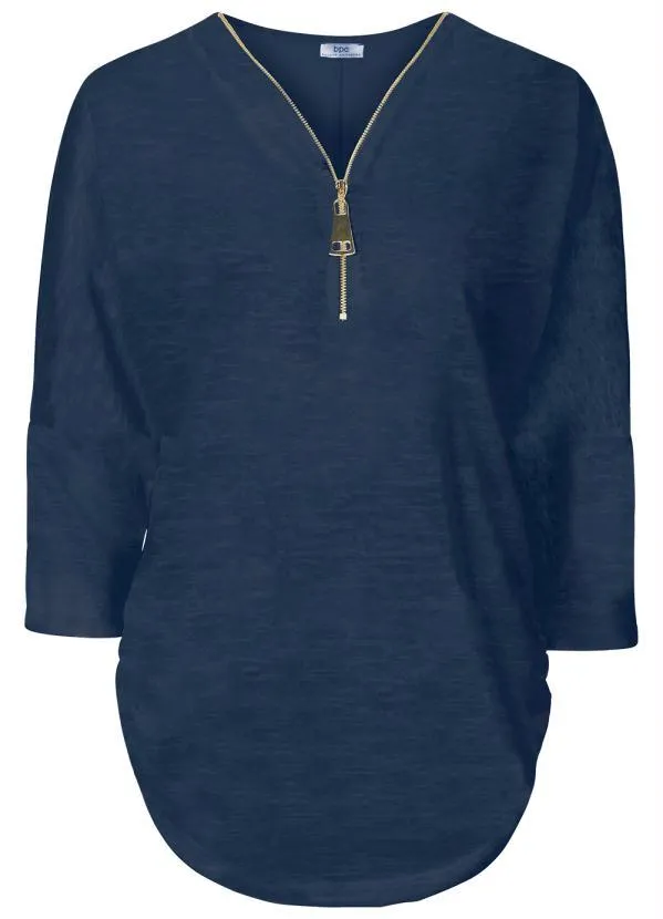 bonprix - Blusa Decote V com Zíper Azul Marinho 4