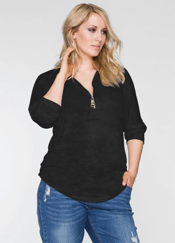 bonprix - Blusa Decote V com Zíper Preta 6