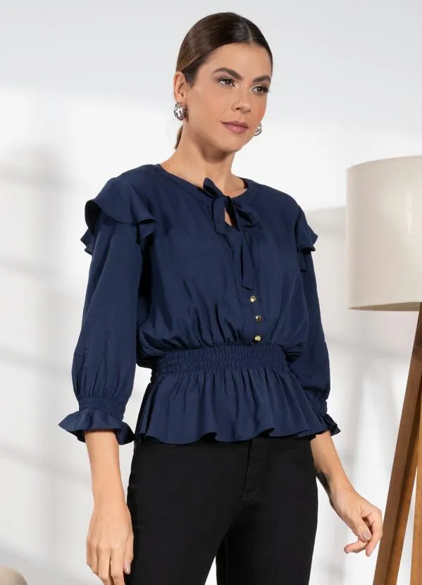 Quintess - Blusa em Viscose Plana Marinho com Botões