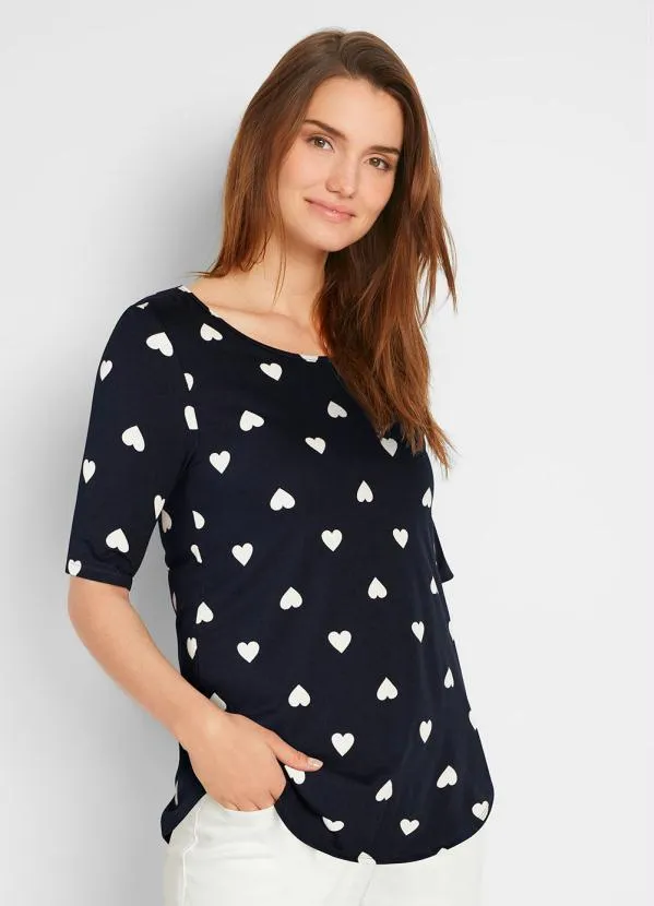 bonprix - Blusa Estampada Mangas 3/4 Azul Marinho