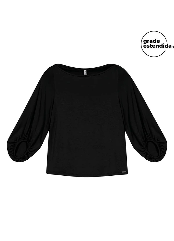 Marialícia - Blusa Feminina Manga Bufante Lisa Preto