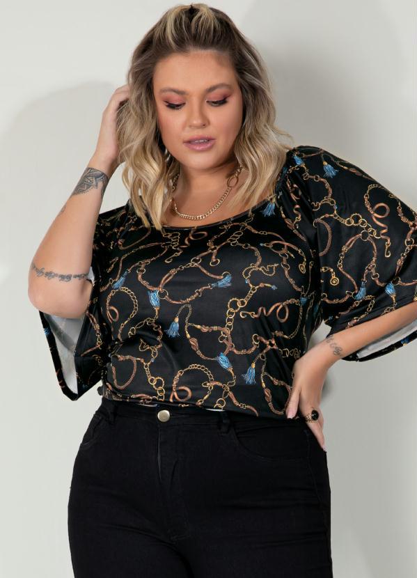 Queima Estoque - Blusa Fivelas Fundo Preto com Mangas Evasê 5