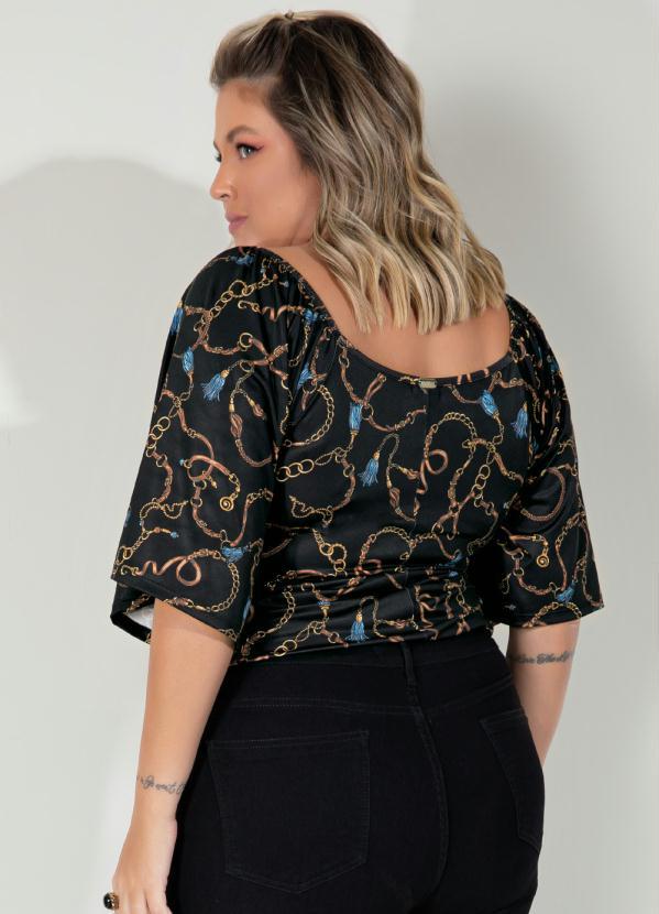 Queima Estoque - Blusa Fivelas Fundo Preto com Mangas Evasê 4