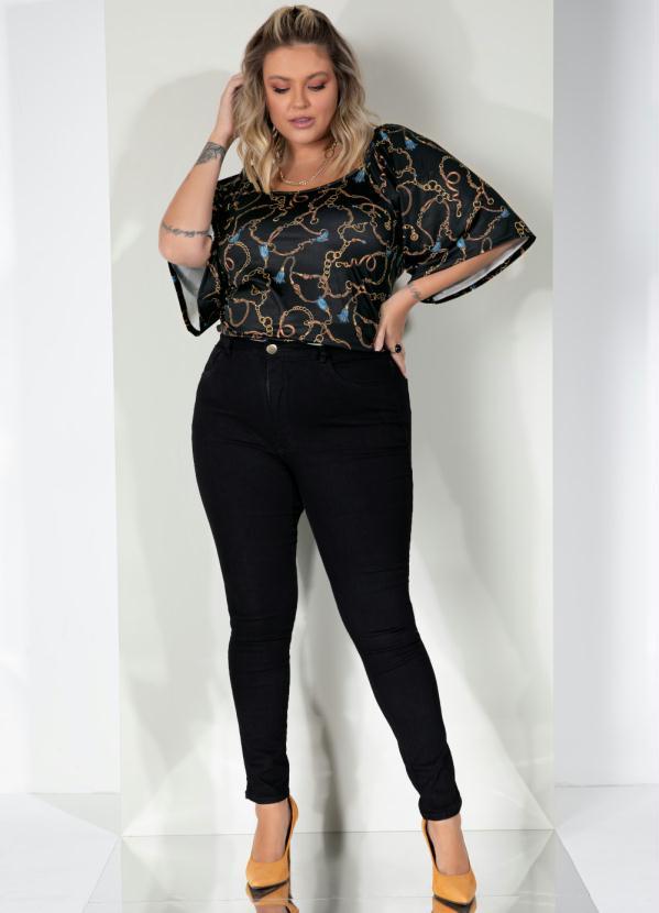 Queima Estoque - Blusa Fivelas Fundo Preto com Mangas Evasê 3