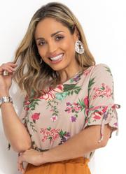 Blusa Floral Bege com Manga 3/4