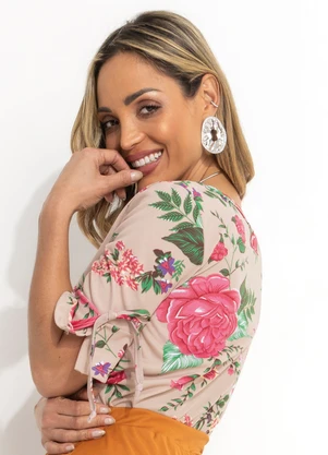 Rosalie - Blusa Floral Bege com Manga 3/4 - ROSALIE