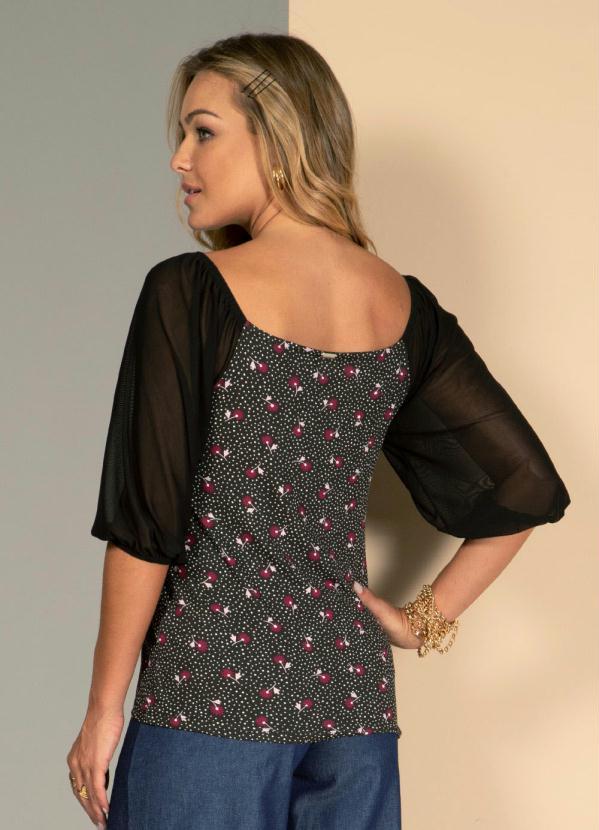 Quintess - Blusa Floral com Poá Preto com Decote Quadrado 2