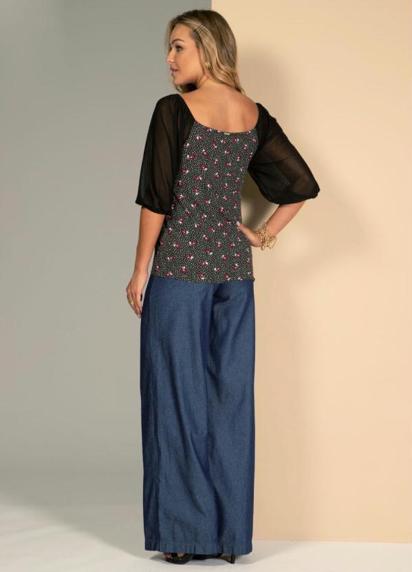 Quintess - Blusa Floral com Poá Preto com Decote Quadrado 4