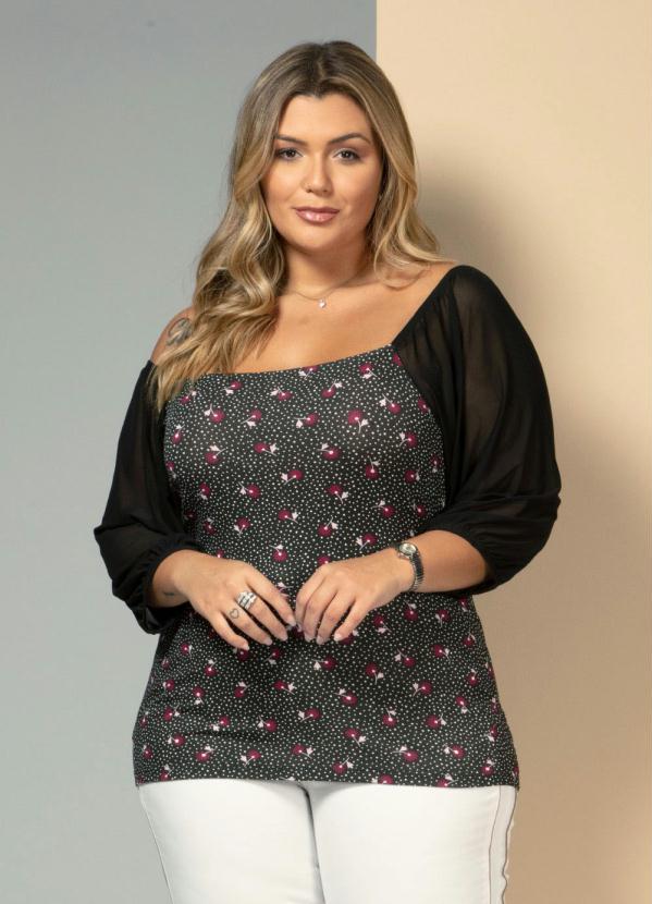 Quintess - Blusa Floral com Poá Preto com Decote Quadrado 5