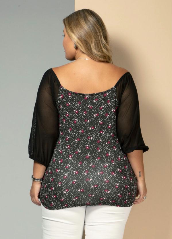 Quintess - Blusa Floral com Poá Preto com Decote Quadrado 6