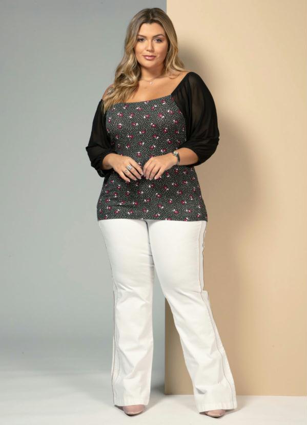Quintess - Blusa Floral com Poá Preto com Decote Quadrado 7
