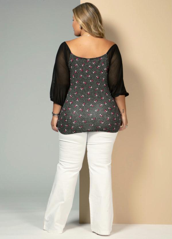 Quintess - Blusa Floral com Poá Preto com Decote Quadrado 8