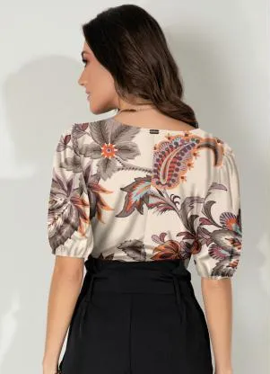Quintess - Blusa Floral Off White com Mangas Bufantes - QUINTESS