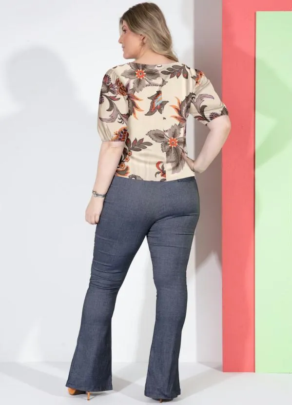 Quintess - Blusa Floral Off White com Mangas Bufantes