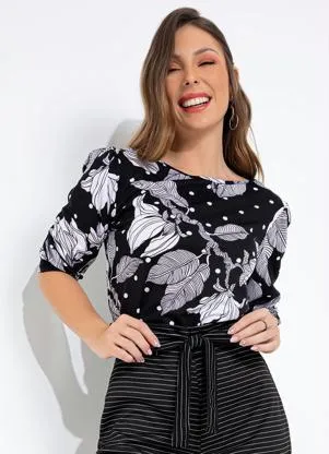 Moda Pop - Blusa Floral Preta com Manga Bufante - MODA POP