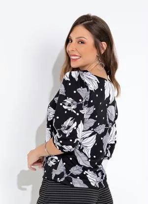 Moda Pop - Blusa Floral Preta com Manga Bufante - MODA POP