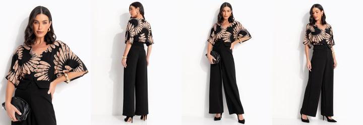 Blusa Floral Preta em Viscose Plana