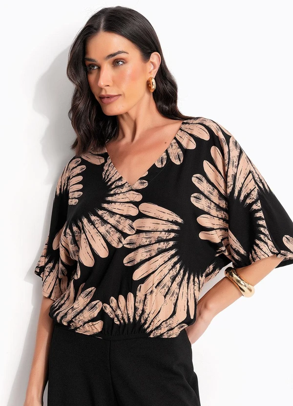Quintess - Blusa Floral Preta em Viscose Plana 6