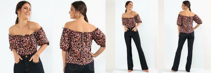 Blusa Floral Preto Ciganinha com Franzidos