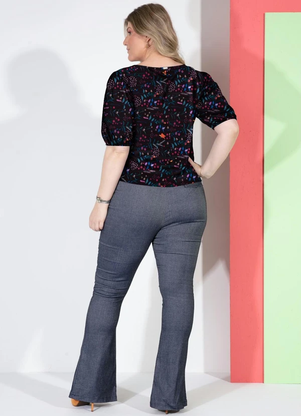 Quintess - Blusa Floral Preto com Mangas Bufantes