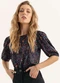 Quintess - Blusa Natureza Bege com Mangas Bufantes - variação: Floral Preto