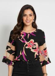 Blusa Flores Vermelhas com Detalhes em Tule
