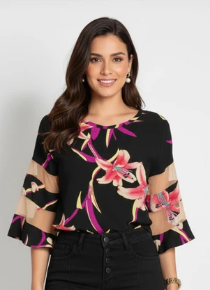 Quintess - Blusa Flores Vermelhas com Detalhes em Tule - QUINTESS