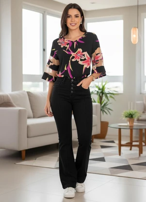 Quintess - Blusa Flores Vermelhas com Detalhes em Tule - QUINTESS