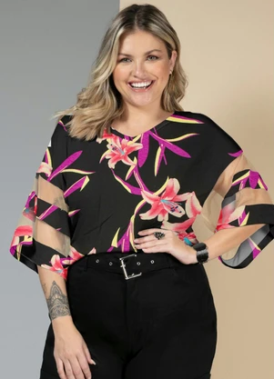 Quintess - Blusa Flores Vermelhas com Detalhes em Tule - QUINTESS