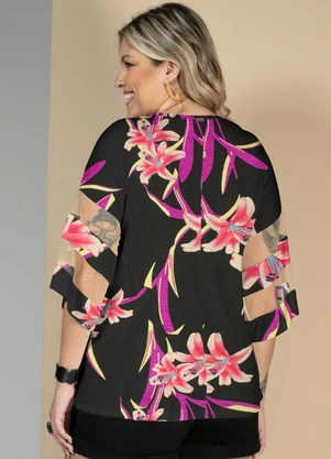 Quintess - Blusa Flores Vermelhas com Detalhes em Tule - QUINTESS