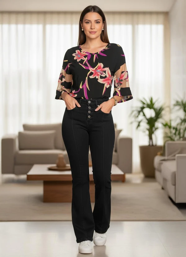 Quintess - Blusa Flores Vermelhas com Detalhes em Tule 5