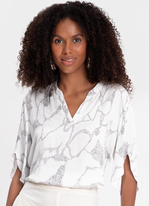 Lunender - Blusa Fluida de Mangas 3/4 com Gola Padre Branco