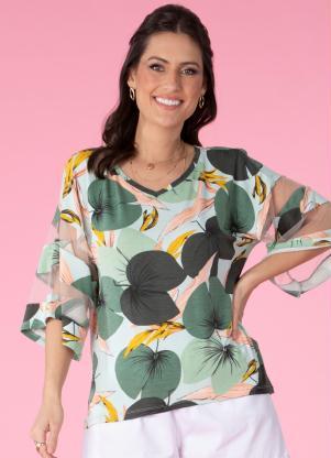 Blusa (Folhagem) com Detalhes em Tule nas Mangas