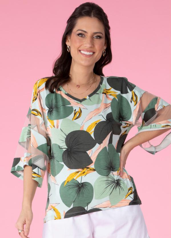 Blusa (Folhagem) com Detalhes em Tule nas Mangas