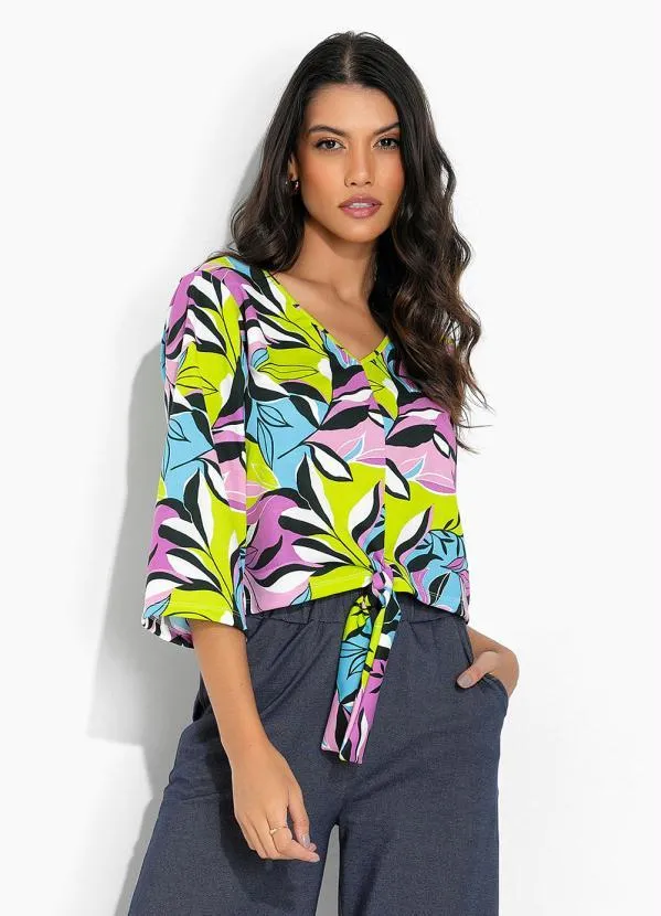 Moda Pop - Blusa Folhagem Verde com Amarração Frontal